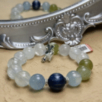 Multi-Gem Strand Bracelet with Fluorite, Aquamarine, Black Rutilated Quartz, Xiuyan Jade, White Phantom