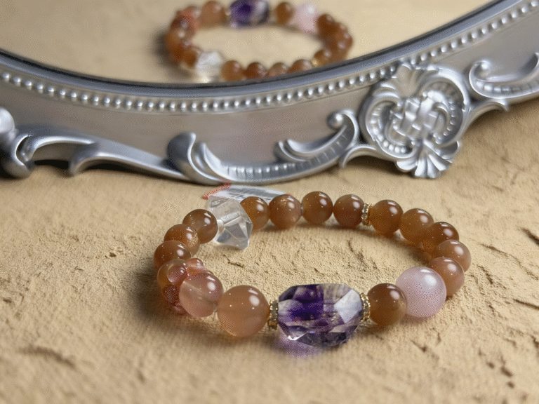 Mixed crystal bracelet with sunstone, super seven, Herkimer, rose quartz and red agate, artistic arrangement