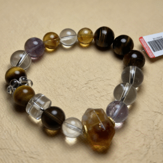 Amethyst bracelet displayed against a deep purple spiritual backdrop, evoking the fire element's passion and inner transformation.