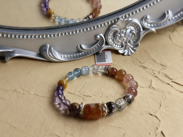 Ghost crystal bracelet set featuring white, red, green and purple varieties showing unique inclusions and formations