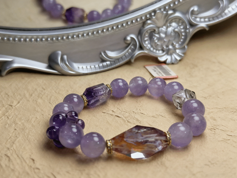 Herkimer diamond bracelet sparkling in sunlight, transparent double-terminated crystals on crystal cluster